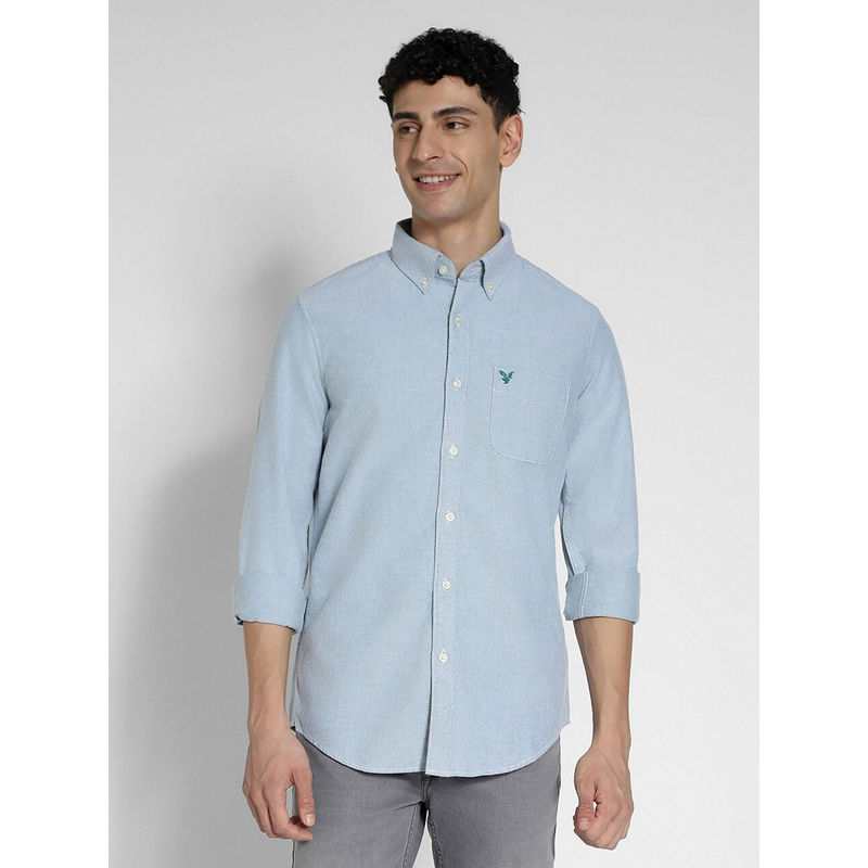 American Eagle Men Blue Slim Fit Solid Oxford Button-Up Shirt (M)