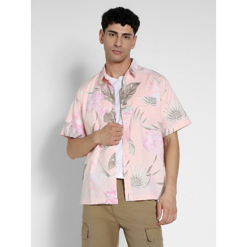 American Eagle Men Peach Floral Button-Up Shirt (XS)