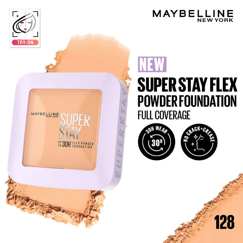 Maybelline New York Super Stay Flex Powder Foundation Compact-30H Full Cover-for Oily Skin - 128