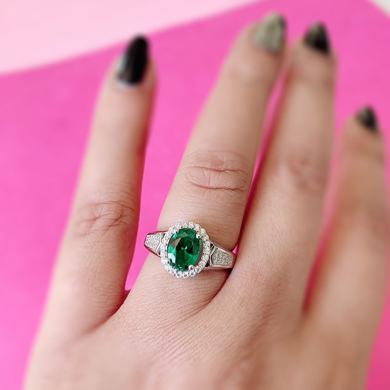 Ornate Jewels Pure 925 Sterling Silver Cubic Zirconia Emerald Hues Halo Ring For Women - 1541