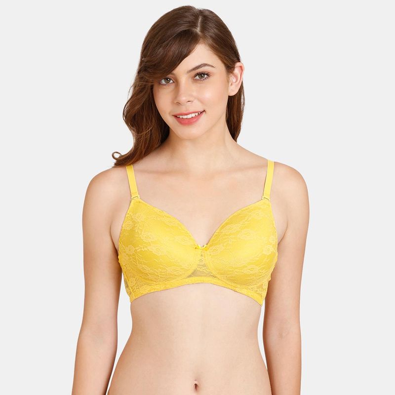 Zivame Rosaline Everyday Padded Non-Wired 3-4th Coverage Lace Bra - Hot Spot Yellow (34B)