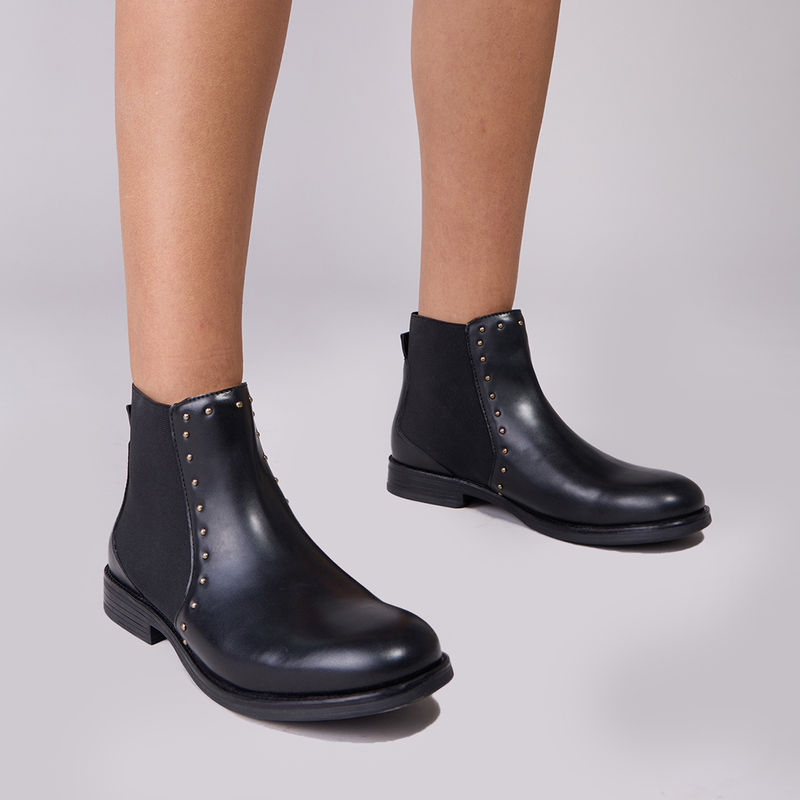 Twenty Dresses by Nykaa Fashion Black Solid Gold Studded High Ankle Winter Boots (EURO 36)