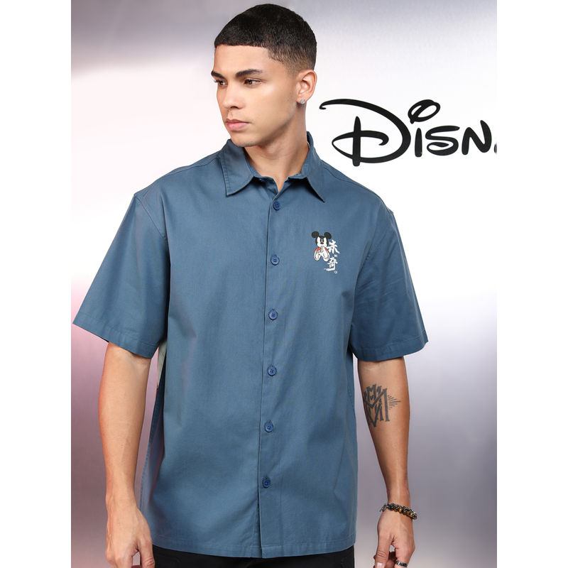 HIGHLANDER Men Blue Mickey Printed Oversized Casual Shirt (M)