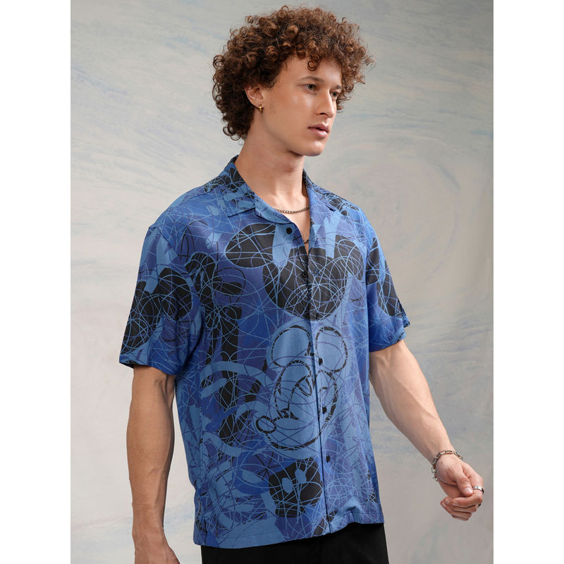HIGHLANDER Men Blue Printed Cuban Collar Viscose Relaxed Shirt (L)