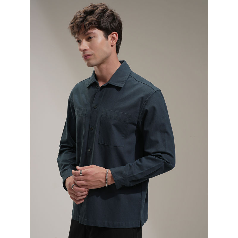 HIGHLANDER Men Teal Regular Spread Collar Opaque Cotton Shirt (L)