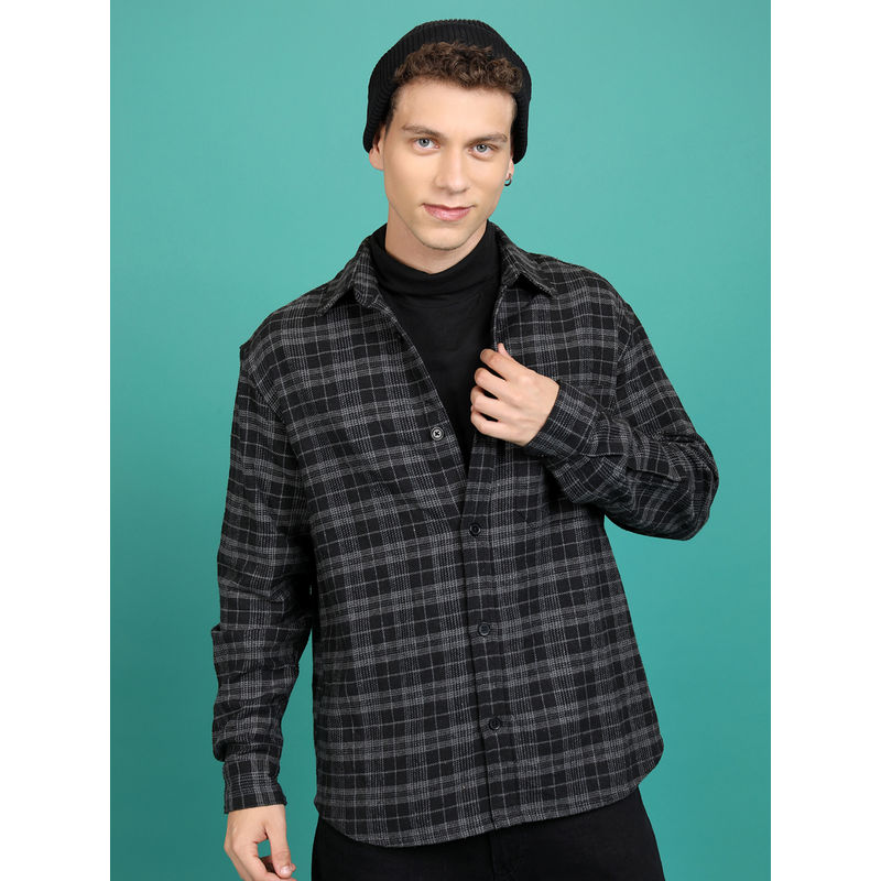 HIGHLANDER Men Black Tartan Checked Oversized Flannel Shirt (M)