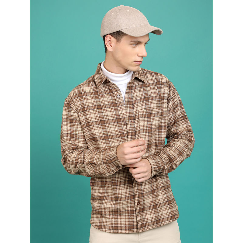 HIGHLANDER Men Brown Tartan Checked Spread Collar Oversized Flannel Shirt (L)