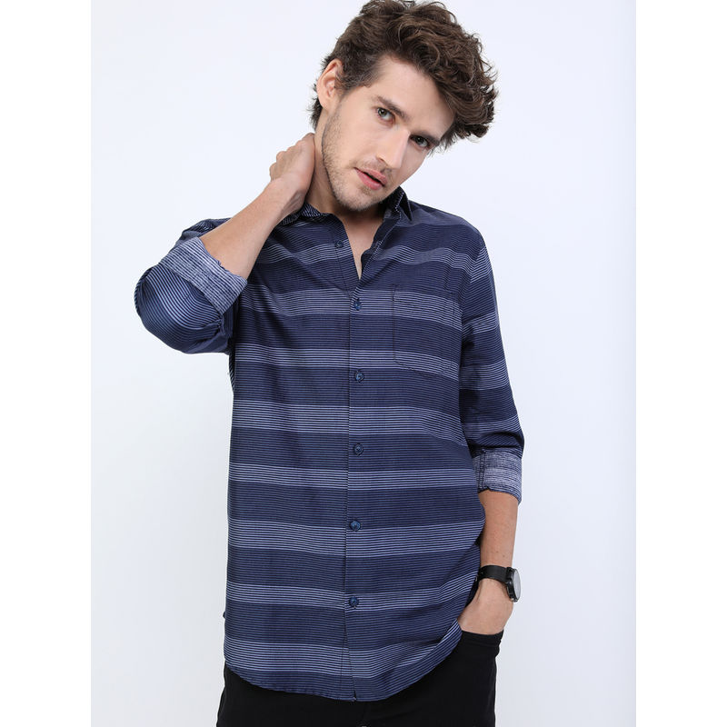 HIGHLANDER Men Navy Blue Slim Fit Horizontal Striped Shirt (L)