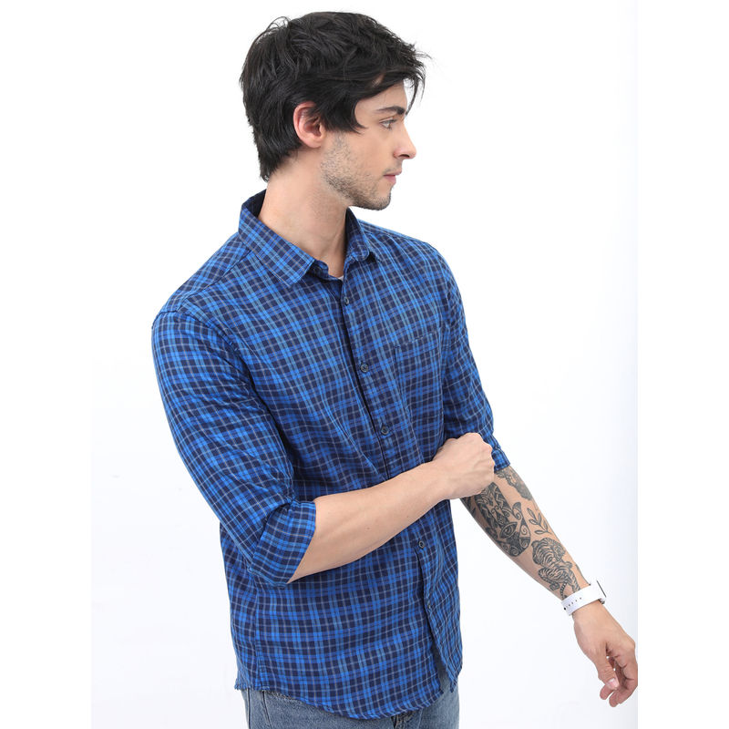 HIGHLANDER Men Blue Checked Slim Fit Casual Shirt (S)
