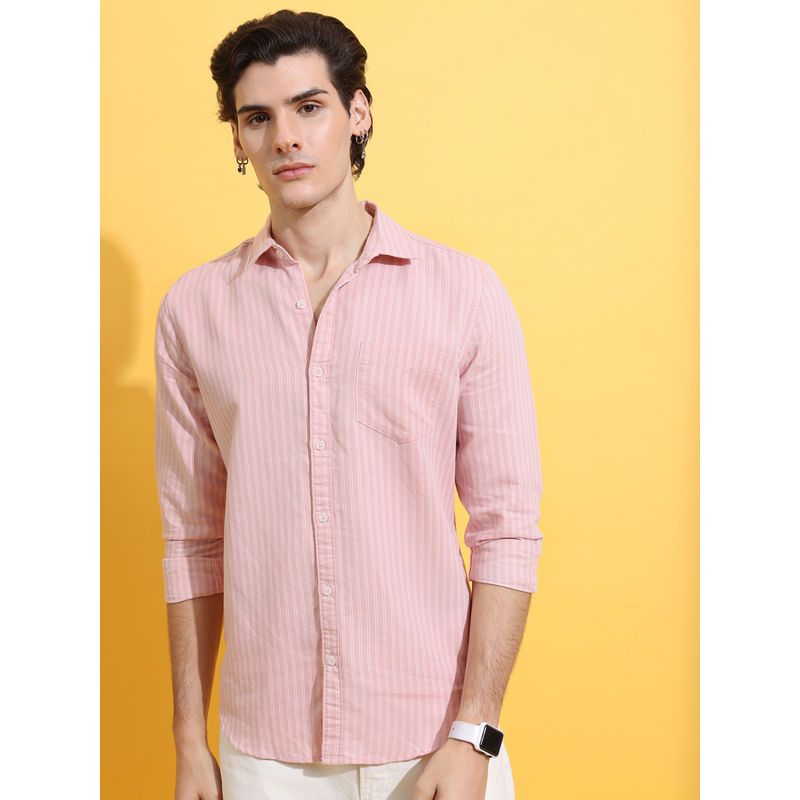 HIGHLANDER Men Pink Slim Fit Striped Casual Shirt (XL)