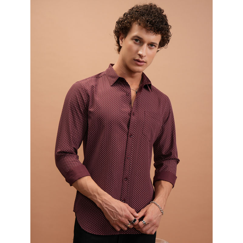 HIGHLANDER Men Maroon Slim Fit Polka Dots Shirt (L)