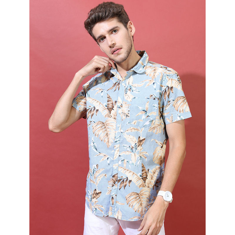 HIGHLANDER Men Dusty Mint Blue Slim Fit Printed Shirt (L)