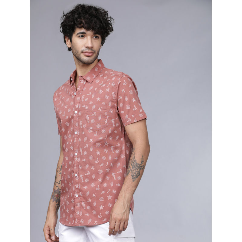 HIGHLANDER Men Pink Slim Fit Printed Shirt (L)