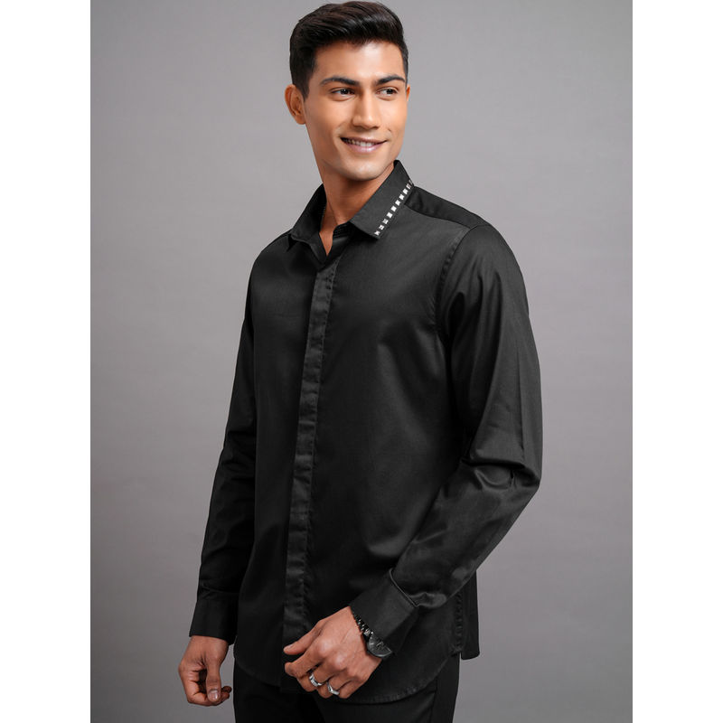 HIGHLANDER Men Black Solid Satin Evening Party Shirt (S)