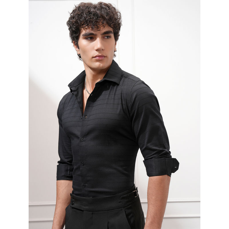 HIGHLANDER Men Black Fancy Yarn Dobby Slim Fit Shirt (L)