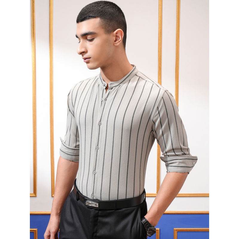 HIGHLANDER Men Grey Popcorn Striped Mandarin Collar Slim Fit Casual Shirt (XL)