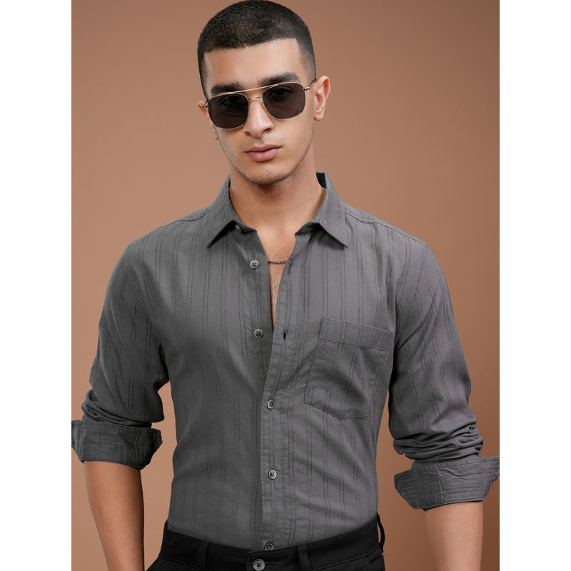HIGHLANDER Men Grey Fancy Yarn Striped Slim Fit Casual Shirt (L)