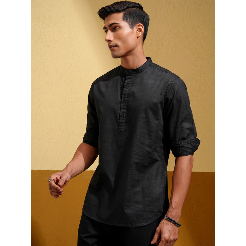 HIGHLANDER Men Black Cotton Linen Mandarin Collar Relaxed Slim Fit Shirt (L)
