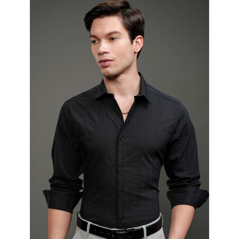 HIGHLANDER Men Black 3D Dobby Textured Striped Eveningwear Slim Fit Shirt (L)
