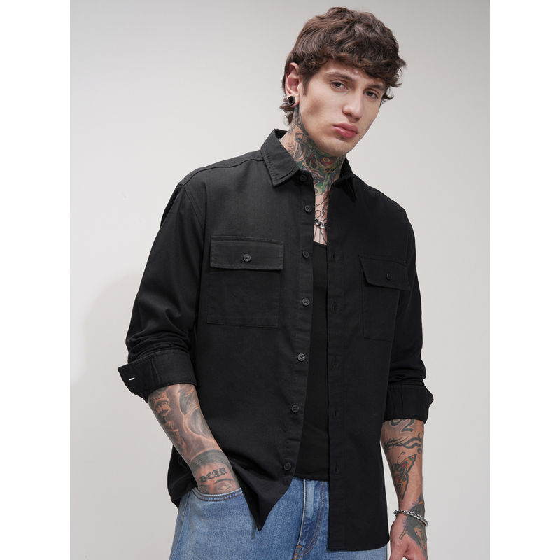 HIGHLANDER Men Black Dobby Solid Relaxed Shirt (XL)