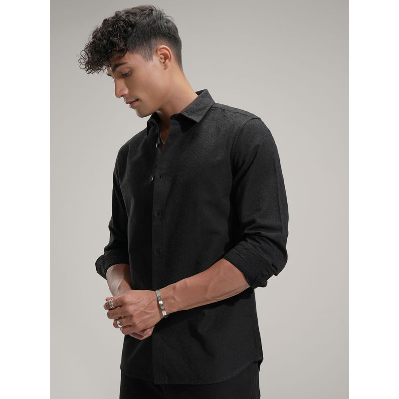 HIGHLANDER Men Black Regular Fit Textured Spread Collar Cotton Casual Shirt (L)