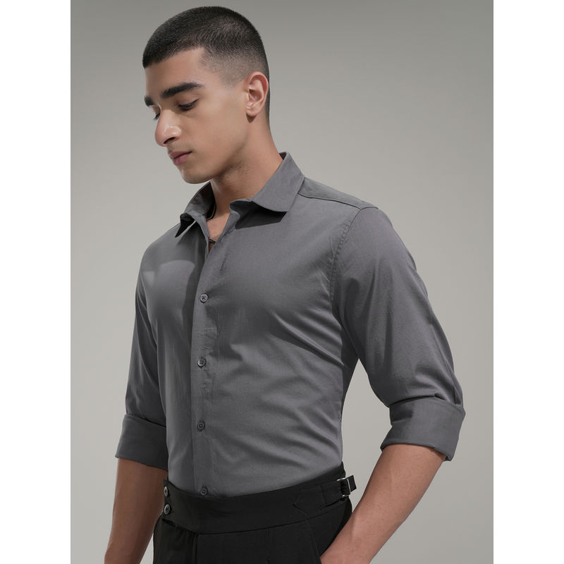 HIGHLANDER Men Grey Premium Satin Solid Occasion Shirt (S)