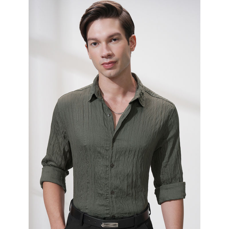 HIGHLANDER Men Olive Slim Fit Textured Party Shirt (XL)