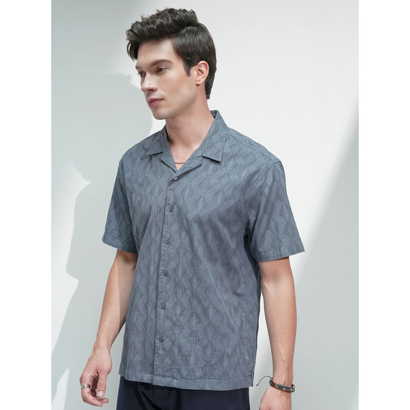 HIGHLANDER Men Grey Relaxed Fit Textured Cuban Collar Cotton Casual Shirt (L)