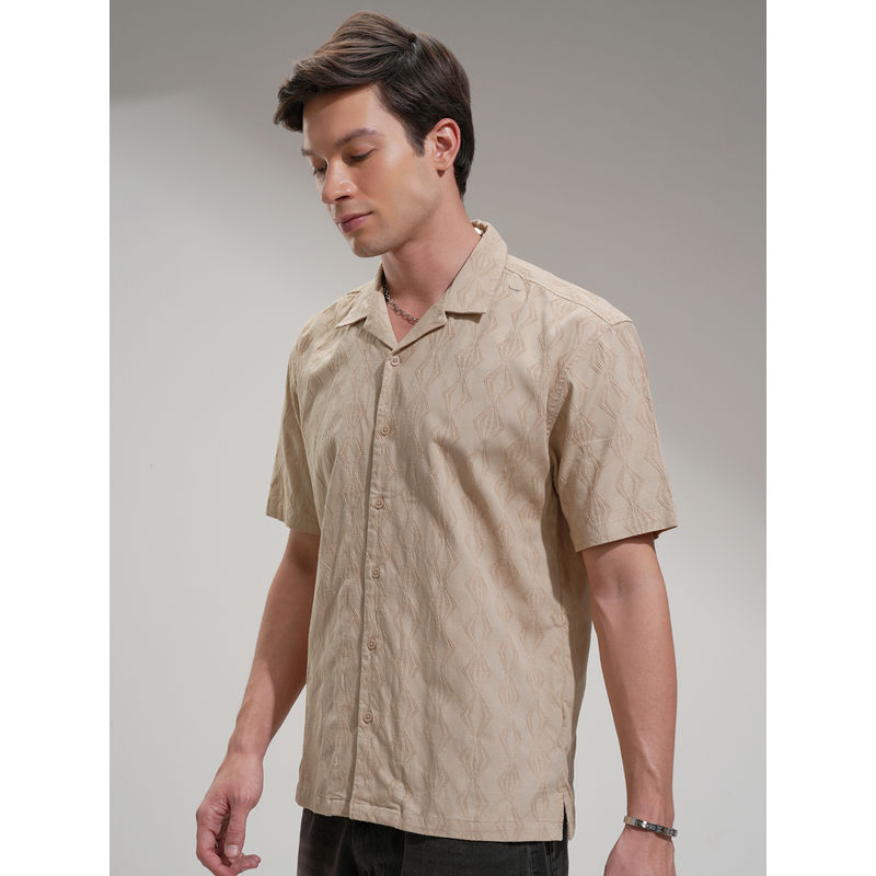 HIGHLANDER Men Beige Relaxed Fit Textured Cuban Collar Cotton Casual Shirt (M)