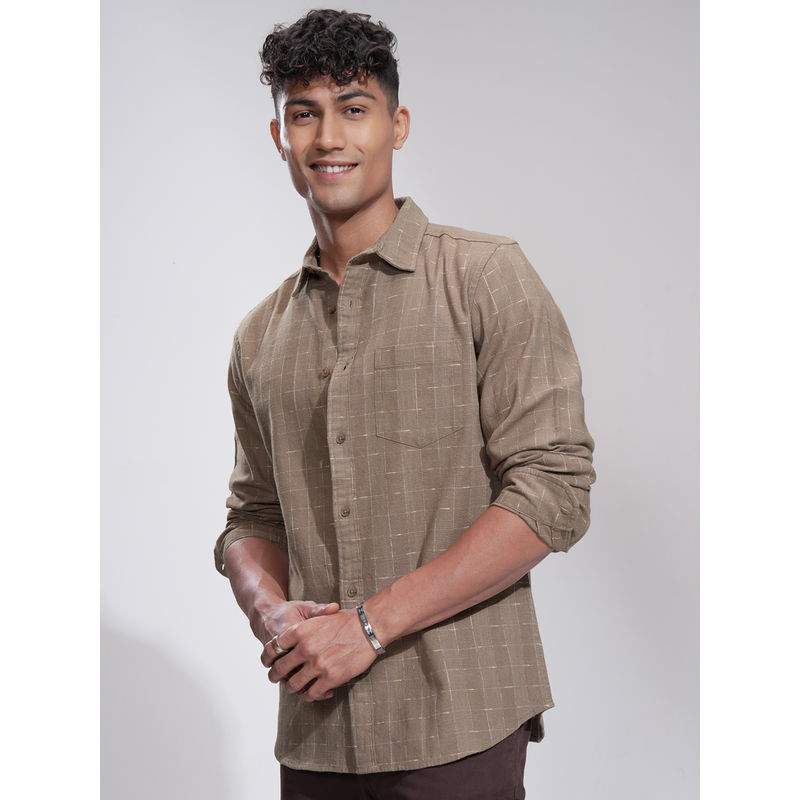 HIGHLANDER Men Khaki Grindle Yarn Checked Casual Shirt (L)