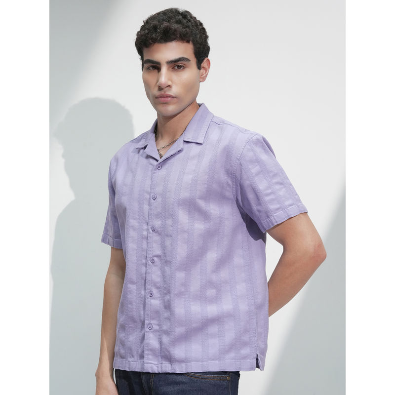 HIGHLANDER Men Lavender Chenille Yarn Dobby Textured Cuban Collar Relaxed Shirt (L)
