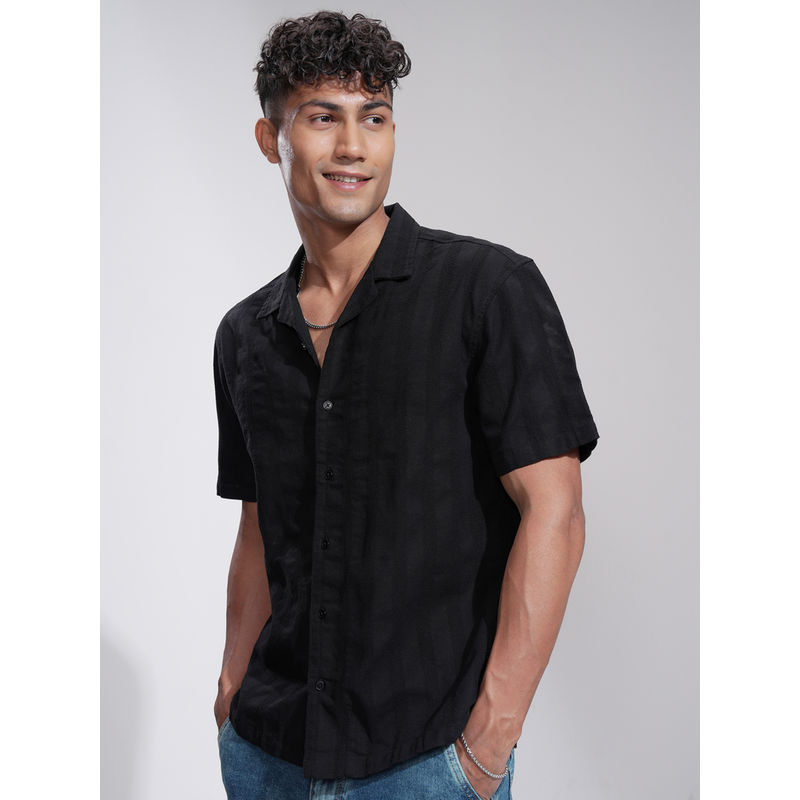 HIGHLANDER Men Black Chenille Yarn Dobby Textured Cuban Collar Relaxed Shirt (L)