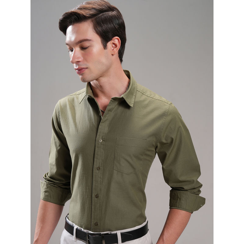 HIGHLANDER Men Olive Straight Regular Fit Shirt (L)