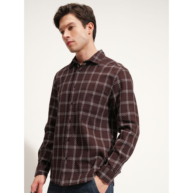 HIGHLANDER Men Coffee Brown Dobby Checks Relaxed Shirt (XL)
