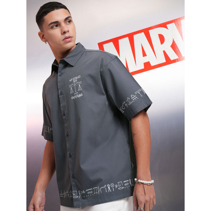 HIGHLANDER Men Dusty Blue Moon Knight Printed Oversized Casual Shirt (L)