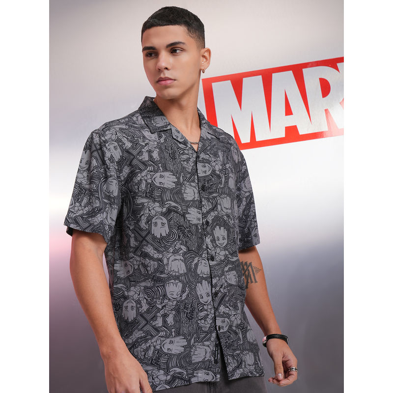 HIGHLANDER Men Grey Groot Printed Cuban Collar Viscose Relaxed Shirt (M)