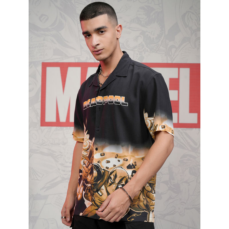 HIGHLANDER Men Black Deadpool Printed Viscose Relaxed Shirt (L)