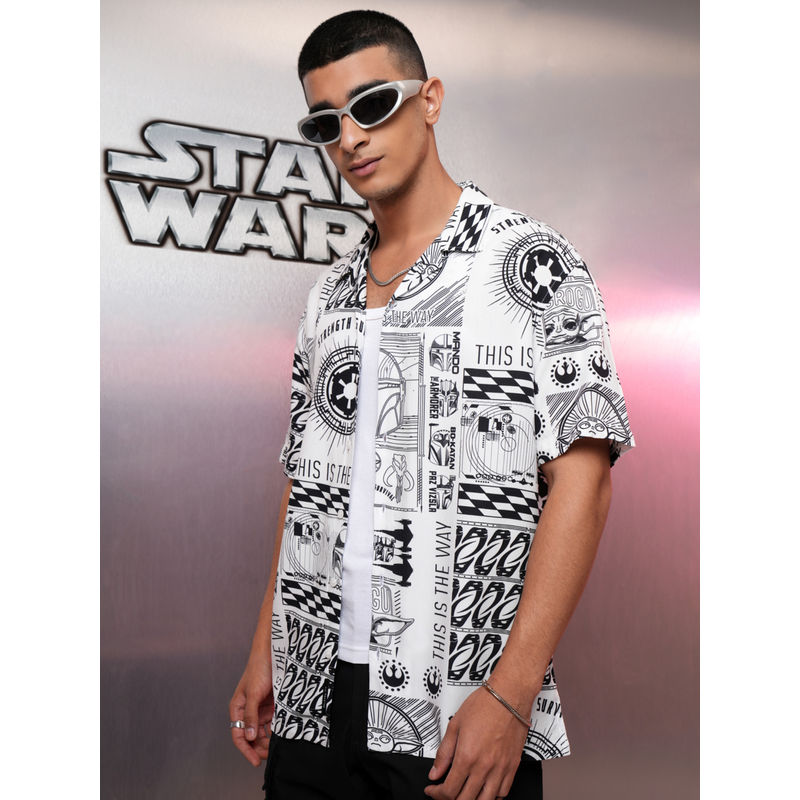 HIGHLANDER Men White Printed Star Wars Cuban Collar Viscose Relaxed Shirt (L)