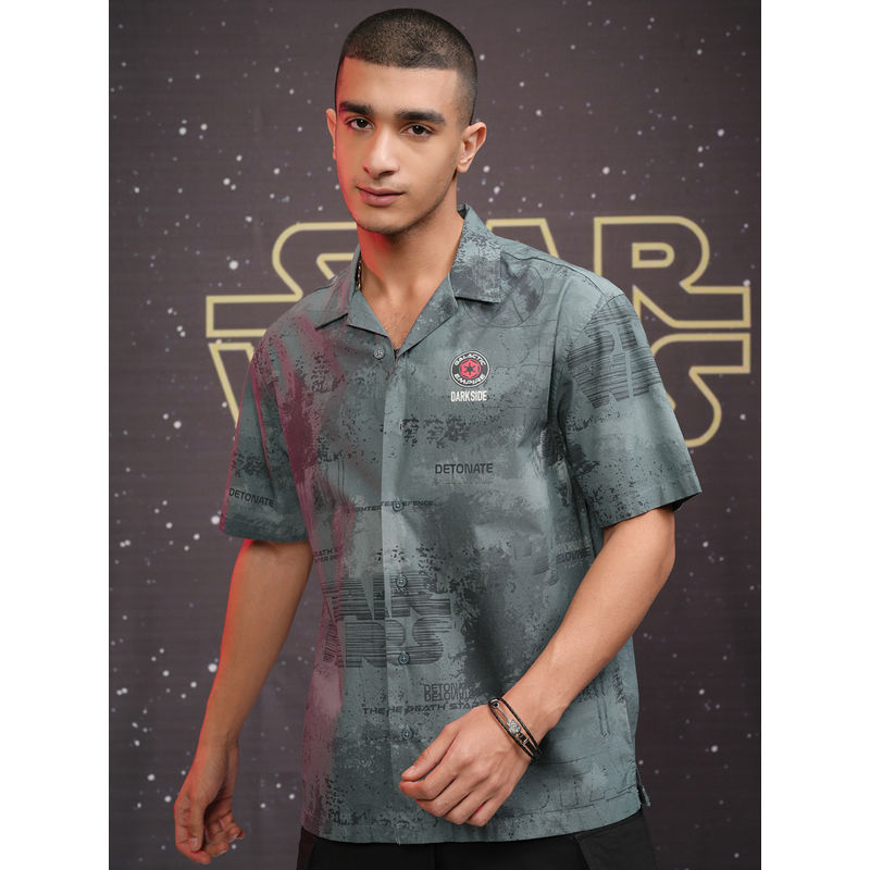 HIGHLANDER Men Star Wars Green Printed Cuban Collar Cotton Relaxed Shirt (M)