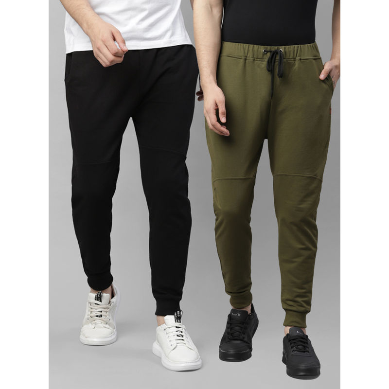 RIGO Black & Olive Green Cut And Sew Ankle Length Regular Fit Terry Joggers (36)