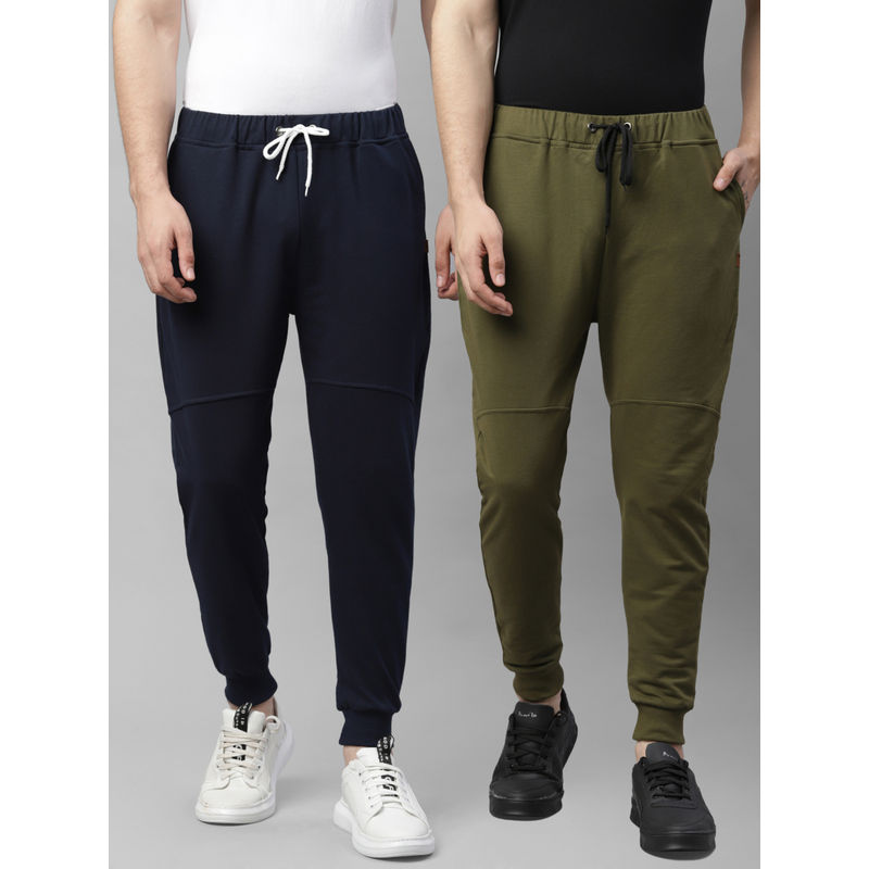 RIGO Navy Blue & Olive Green Cut And Sew Ankle Length Regular Fit Terry Joggers (Pack of 2) (30)