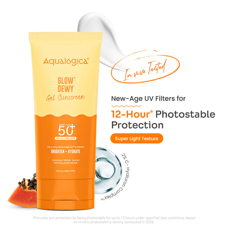 Aqualogica Glow+ Dewy Sunscreen Gel SPF 50+ PA++++, Papaya, Vit C, APF, No White Cast