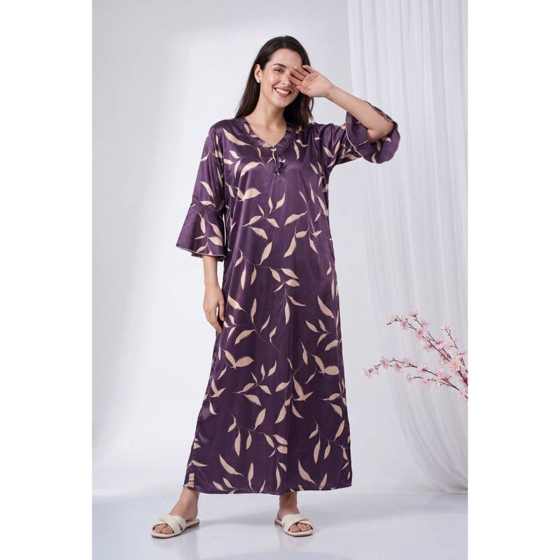 JULIANA DREAM Womens Satin Floral Printed Purple Nighty (L)