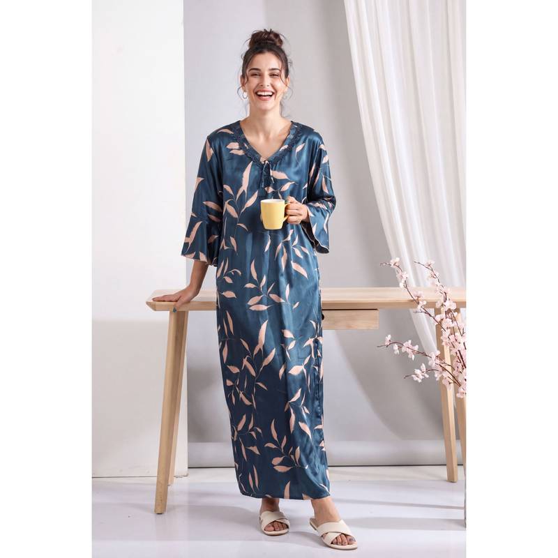 JULIANA DREAM Womens Satin Floral Printed Teal Nighty (L)