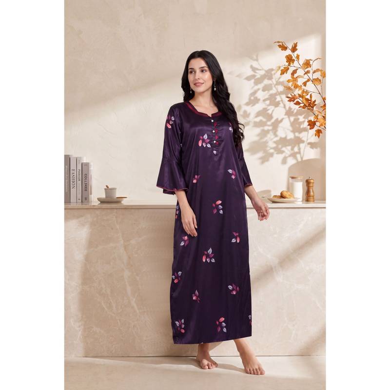 JULIANA DREAM Women satin Bell Sleeves Purple Nighty (L)