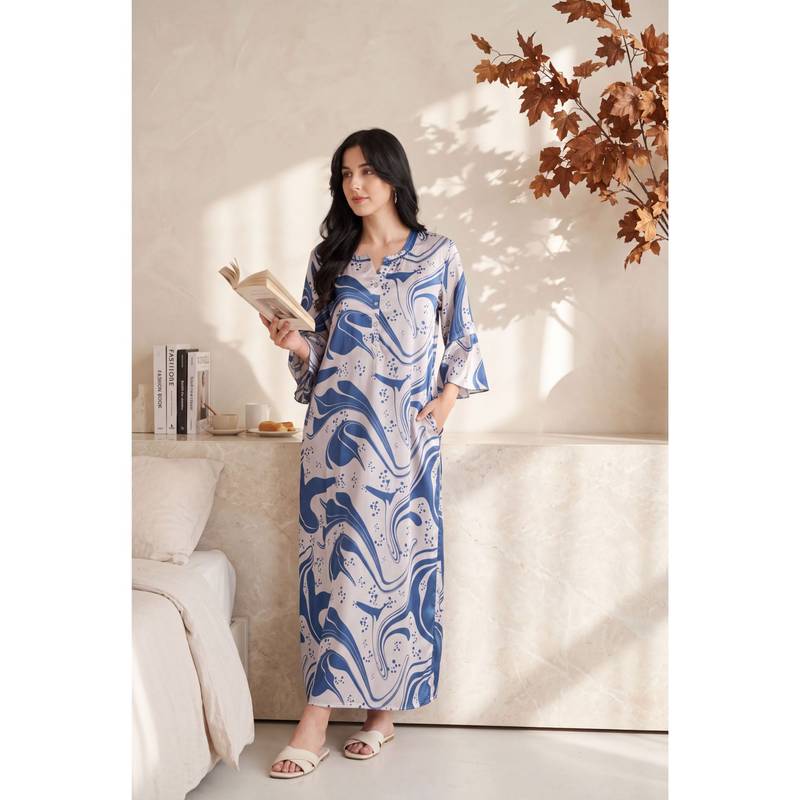 JULIANA DREAM Women satin Bell Sleeves Blue Nighty (L)
