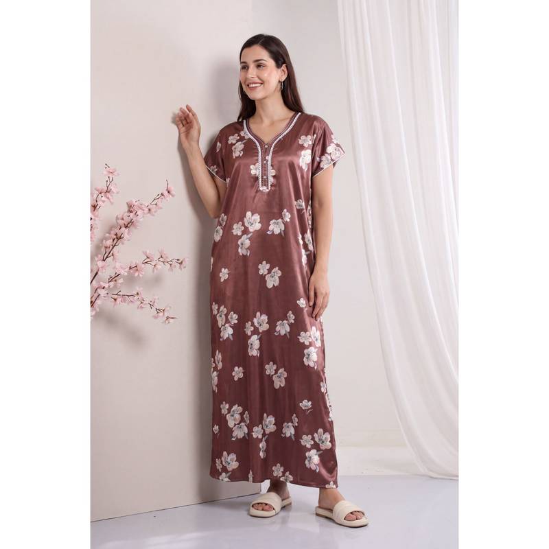 JULIANA DREAM Women satin Brown nighty with short sleeves (L)