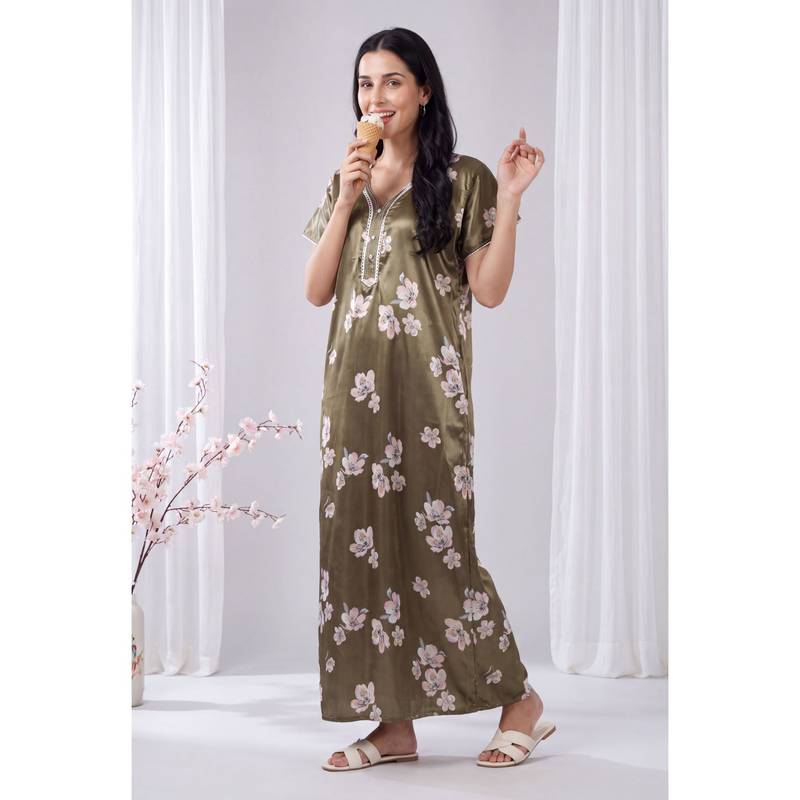 JULIANA DREAM Women satin Green nighty with short sleeves (L)