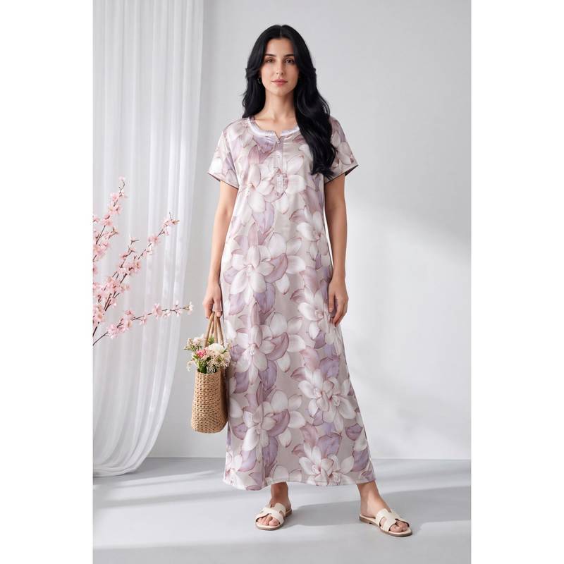 JULIANA DREAM Women satin off White nighty with short sleeves (L)