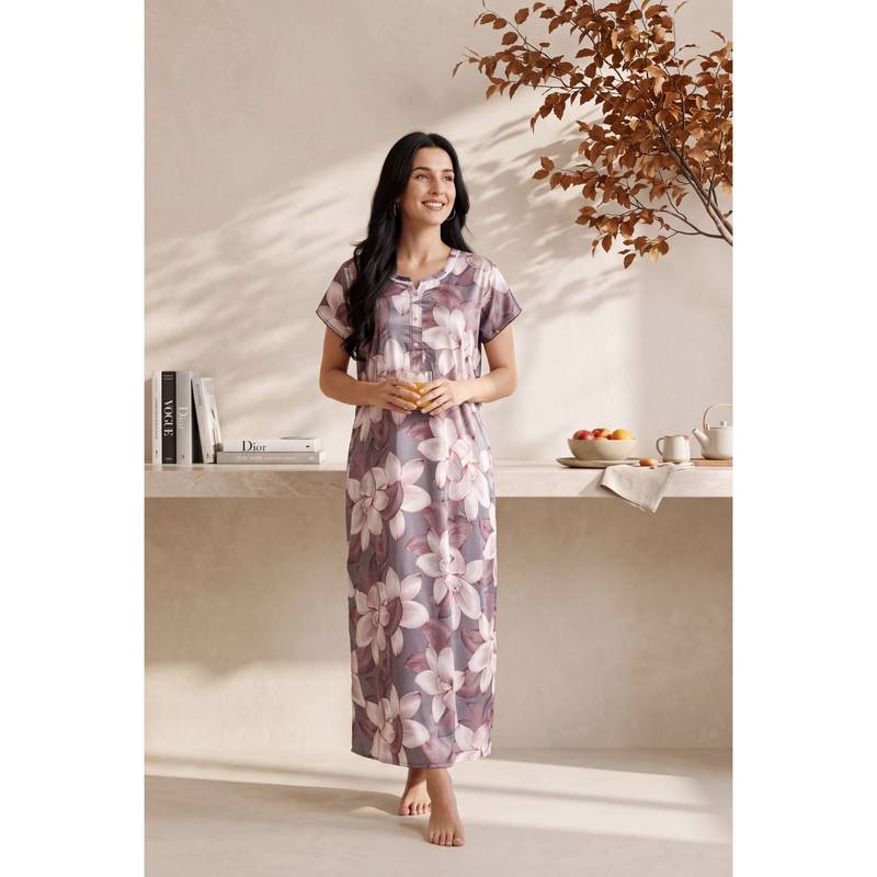 JULIANA DREAM Women satin Grey nighty with short sleeves (L)